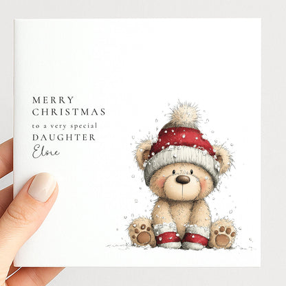 Personalised Christmas Card for Daughter , Cute Teddy Bear in Snow , Custom Name Card