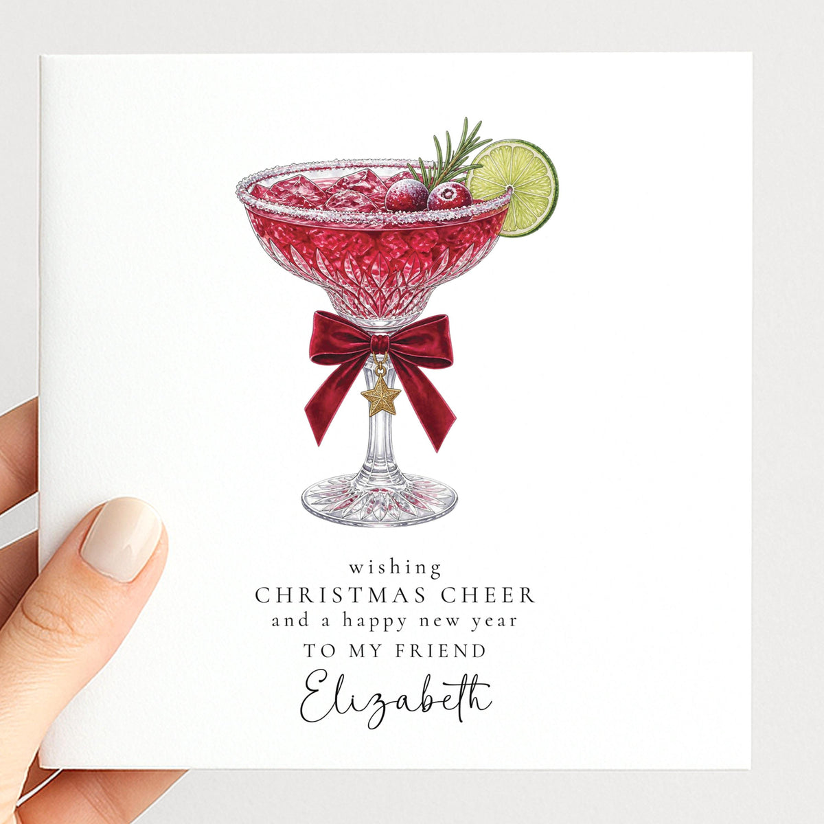 Personalised Friend Christmas Card, Cranberry Margarita Cocktail Card, Wishing Christmas Cheer Card, Custom Name Card