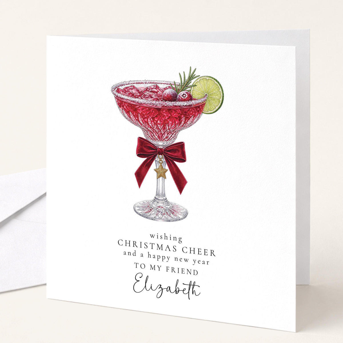 Personalised Friend Christmas Card, Cranberry Margarita Cocktail Card, Wishing Christmas Cheer Card, Custom Name Card