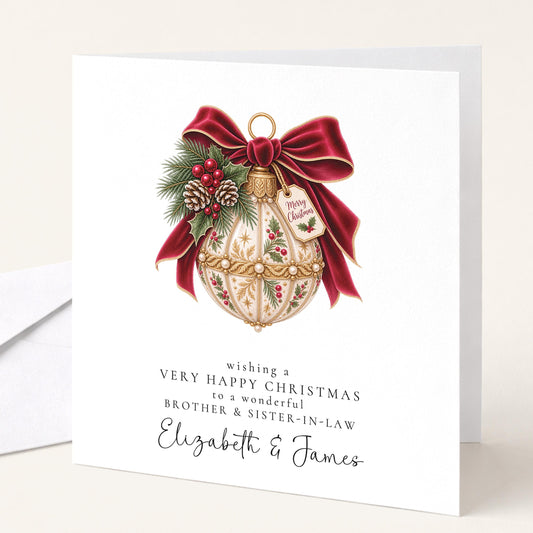 Personalised Brother & Sister-in-Law Christmas Card, Very Happy Christmas Card, Custom Names Bauble Christmas Card