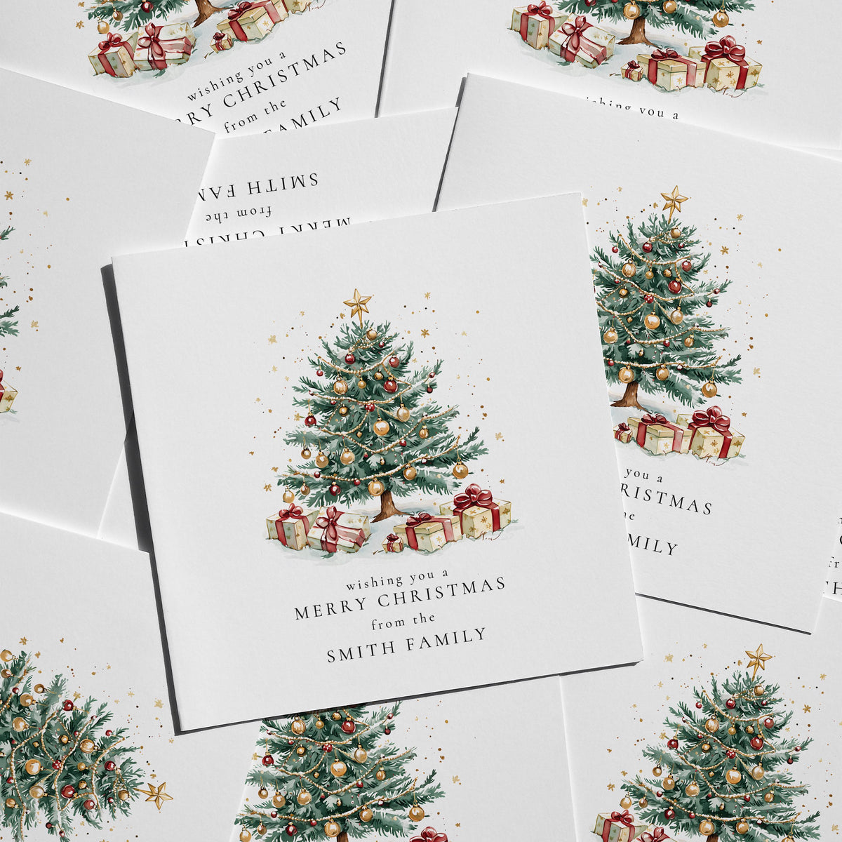 Personalised Family Christmas Card Multipack, Christmas Tree Design, Pack of 5 10 15 20 25 30 Cards, Custom Family Name