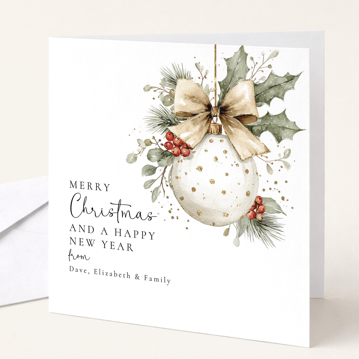 Personalised Family Christmas Card Multipack, Beige Bow Bauble Design, Pack of 5 10 15 20 25 30 Cards, Custom Names