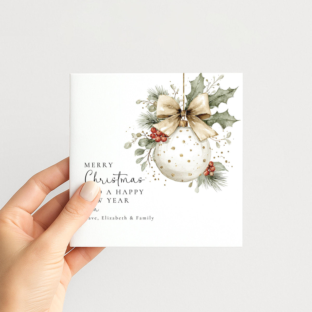 Personalised Family Christmas Card Multipack, Beige Bow Bauble Design, Pack of 5 10 15 20 25 30 Cards, Custom Names