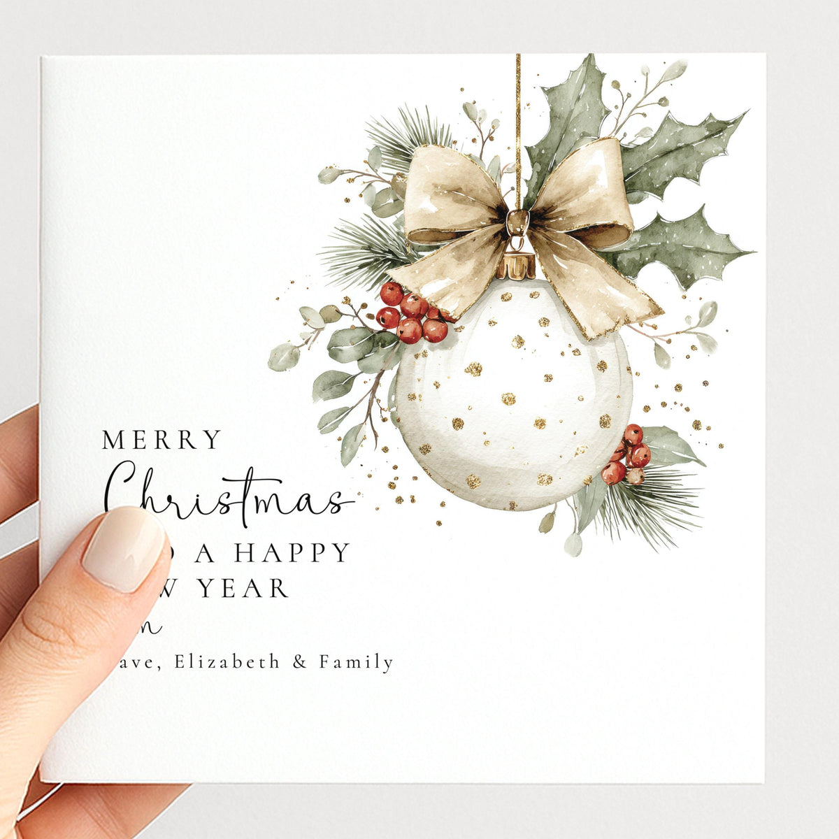 Personalised Family Christmas Card Multipack, Beige Bow Bauble Design, Pack of 5 10 15 20 25 30 Cards, Custom Names