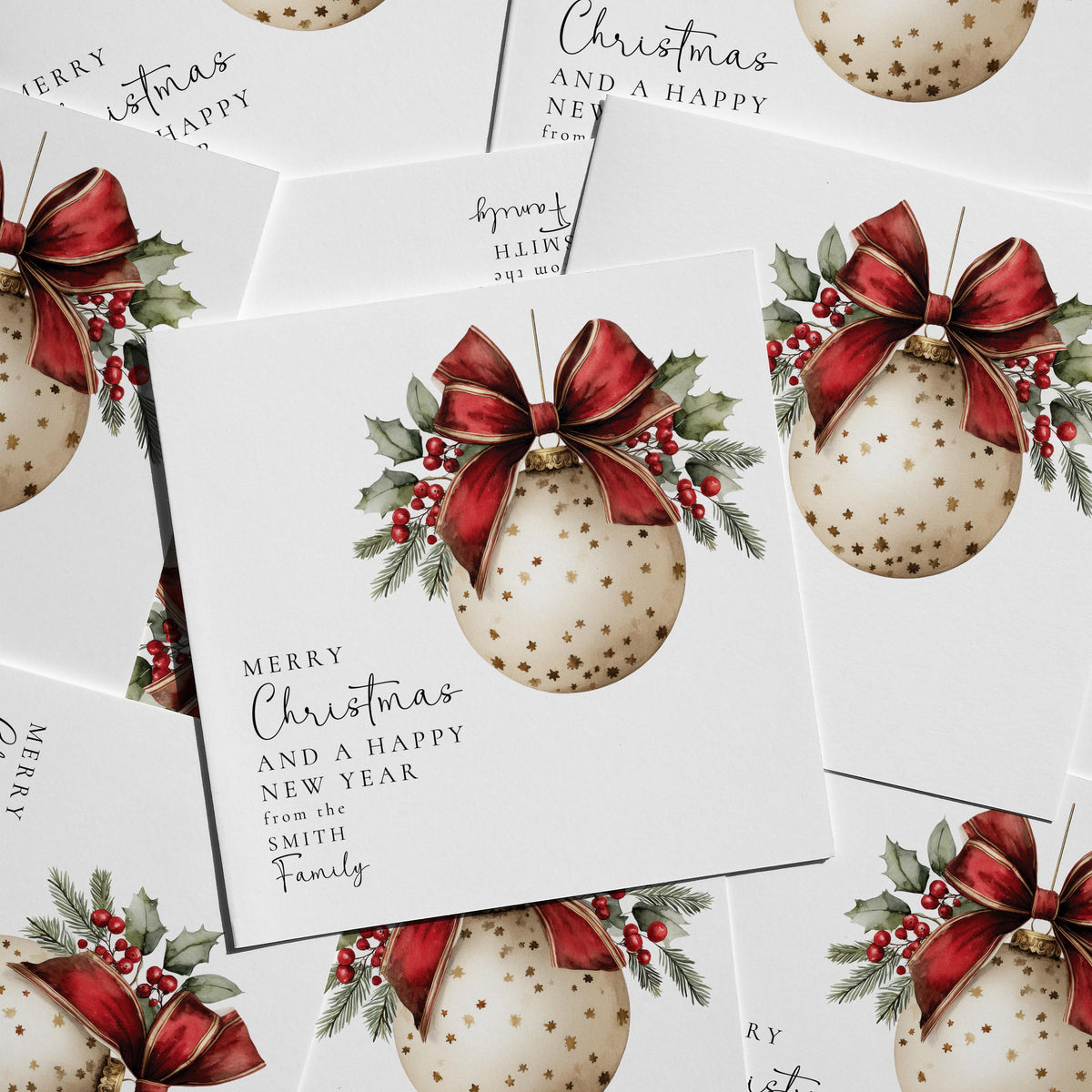 Personalised Family Christmas Card Multipack, Red Bow Star Bauble Design, Pack of 5 10 15 20 25 30 Cards, Custom Family Name
