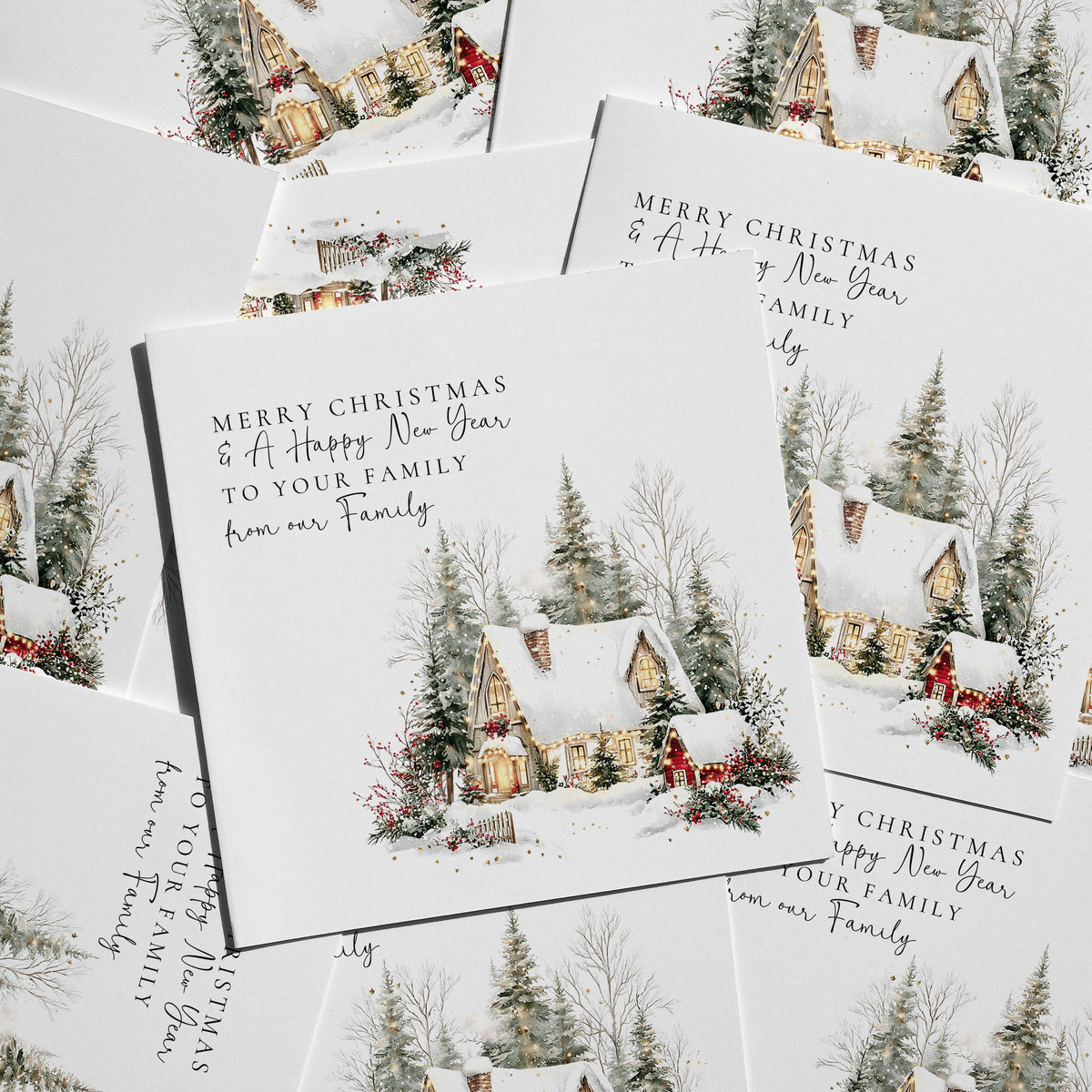 Personalised Family Christmas Card Multipack, Snowy Cottage Design, Pack of 5 10 15 20 25 30 Cards, Custom Family Name