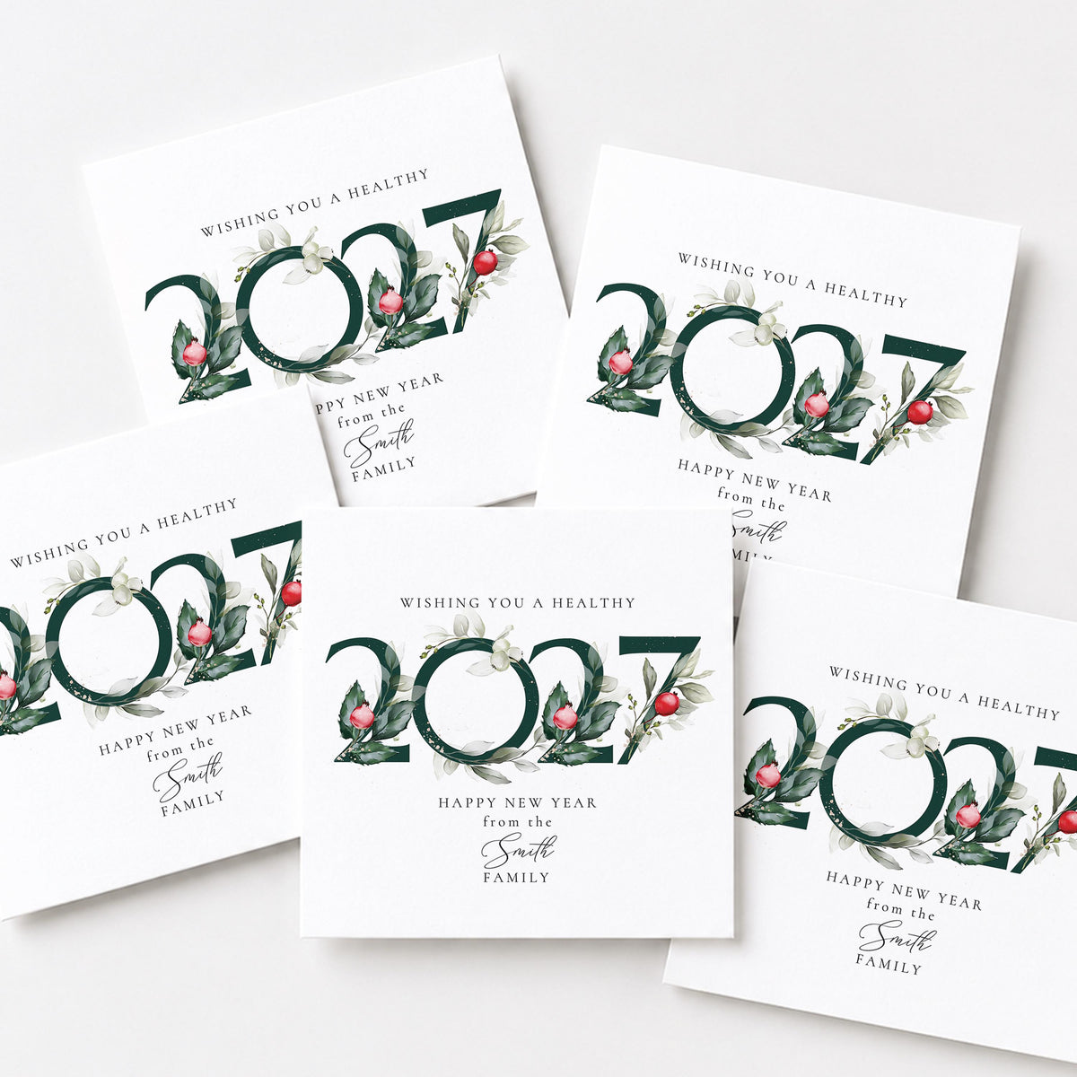 Personalised Family Christmas Card Multipack, 2027 Wreath Design, Pack of 5 10 15 20 25 30 Cards, Custom Family Name