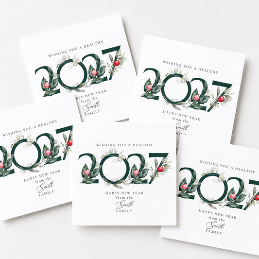 Personalised Family Christmas Card Multipack, 2027 Wreath Design, Pack of 5 10 15 20 25 30 Cards, Custom Family Name