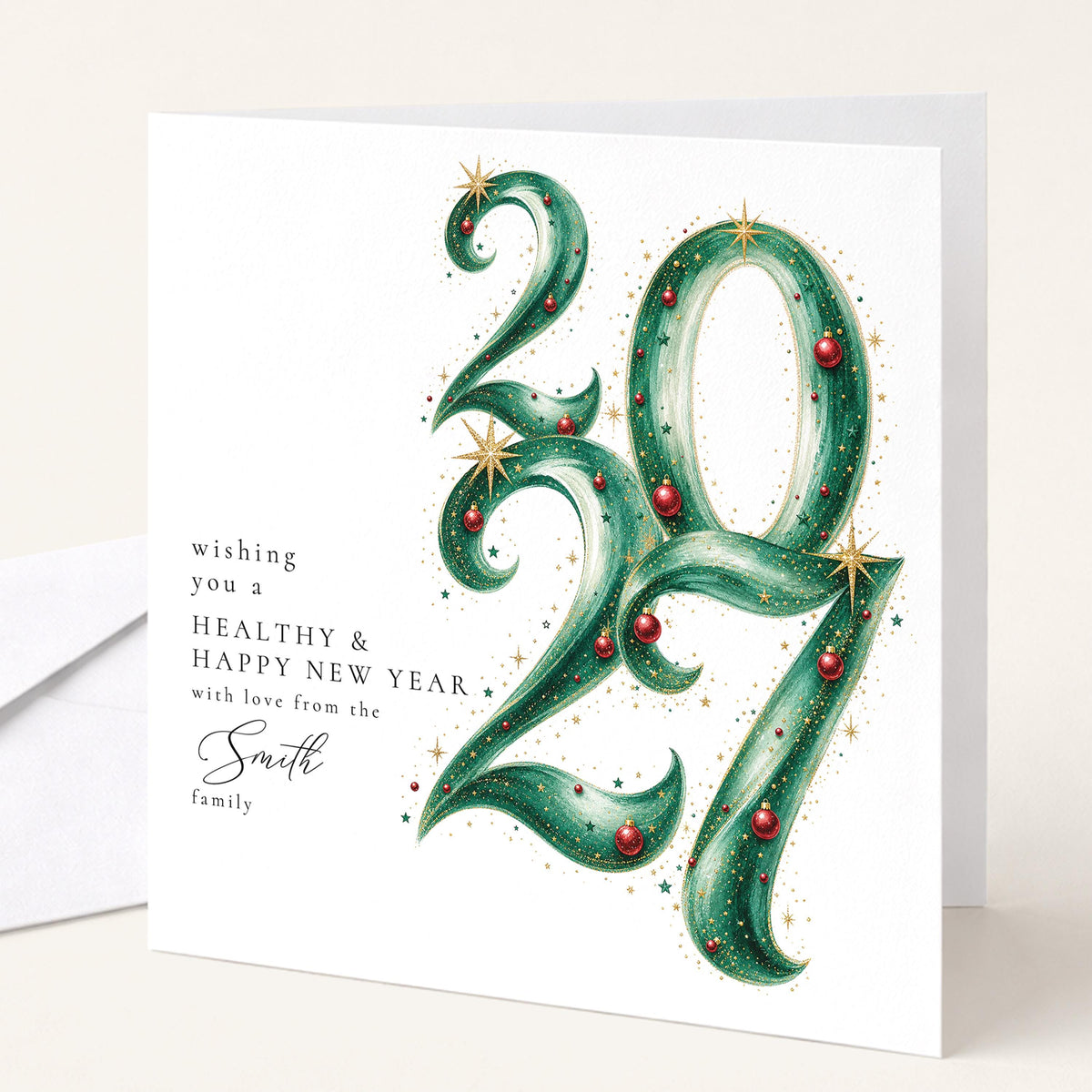 Personalised Family Christmas Card Multipack, 2027 Ornate Script Design, Pack of 5 10 15 20 25 30 Cards, Custom Family Name