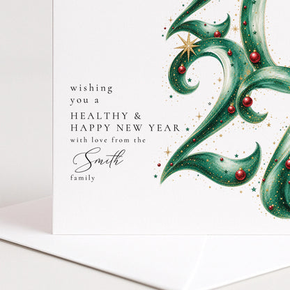 Personalised Family Christmas Card Multipack, 2027 Ornate Script Design, Pack of 5 10 15 20 25 30 Cards, Custom Family Name