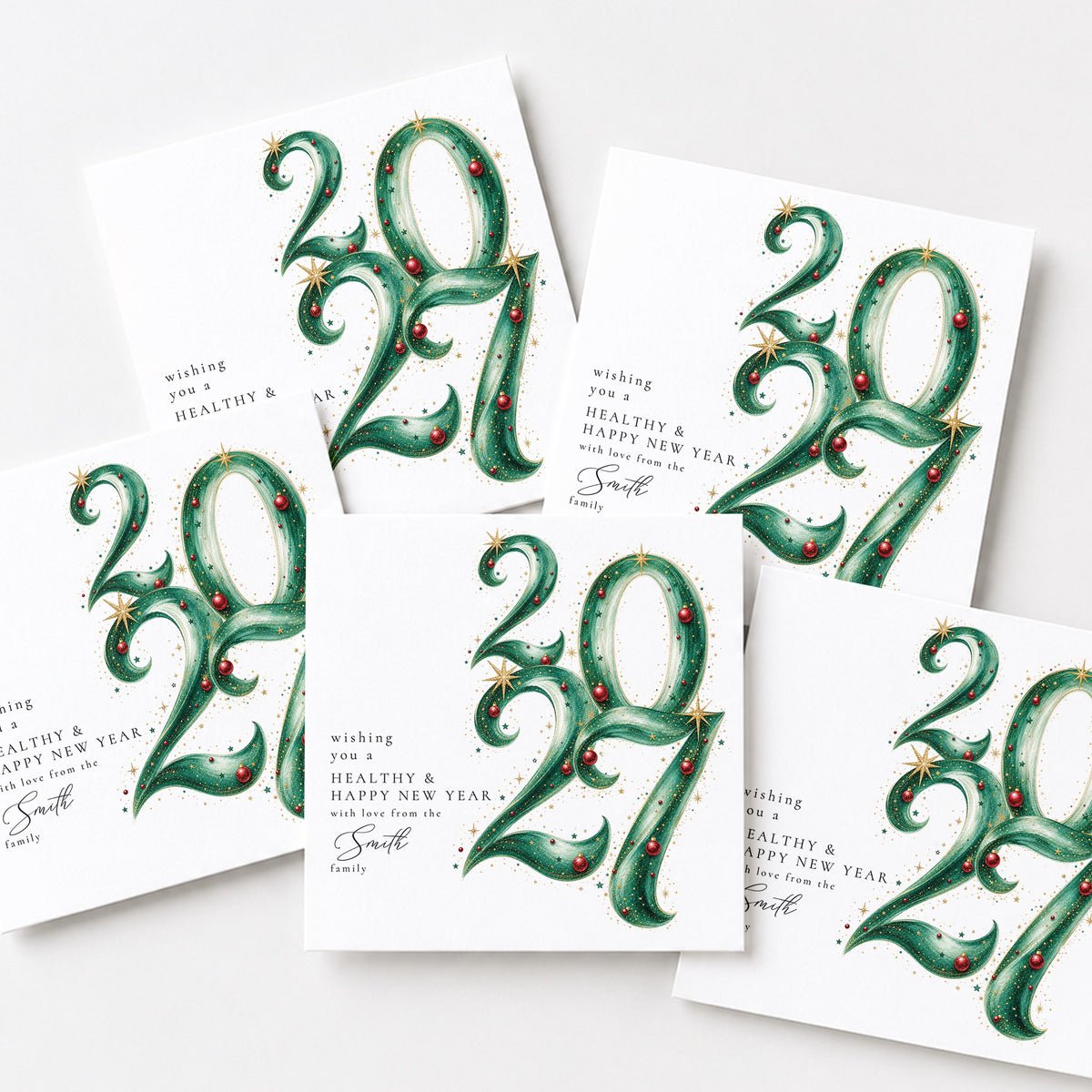 Personalised Family Christmas Card Multipack, 2027 Ornate Script Design, Pack of 5 10 15 20 25 30 Cards, Custom Family Name
