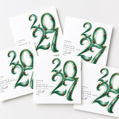 Personalised Family Christmas Card Multipack, 2027 Ornate Script Design, Pack of 5 10 15 20 25 30 Cards, Custom Family Name