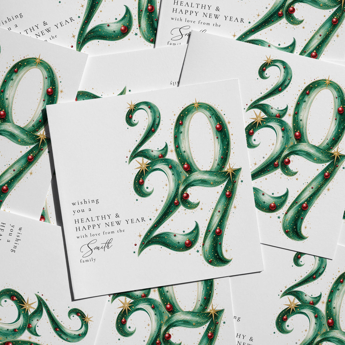 Personalised Family Christmas Card Multipack, 2027 Ornate Script Design, Pack of 5 10 15 20 25 30 Cards, Custom Family Name
