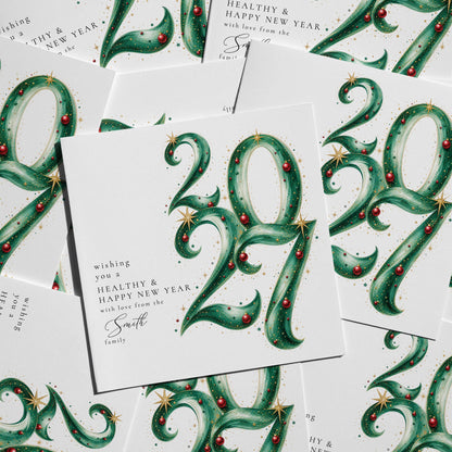 Personalised Family Christmas Card Multipack, 2027 Ornate Script Design, Pack of 5 10 15 20 25 30 Cards, Custom Family Name