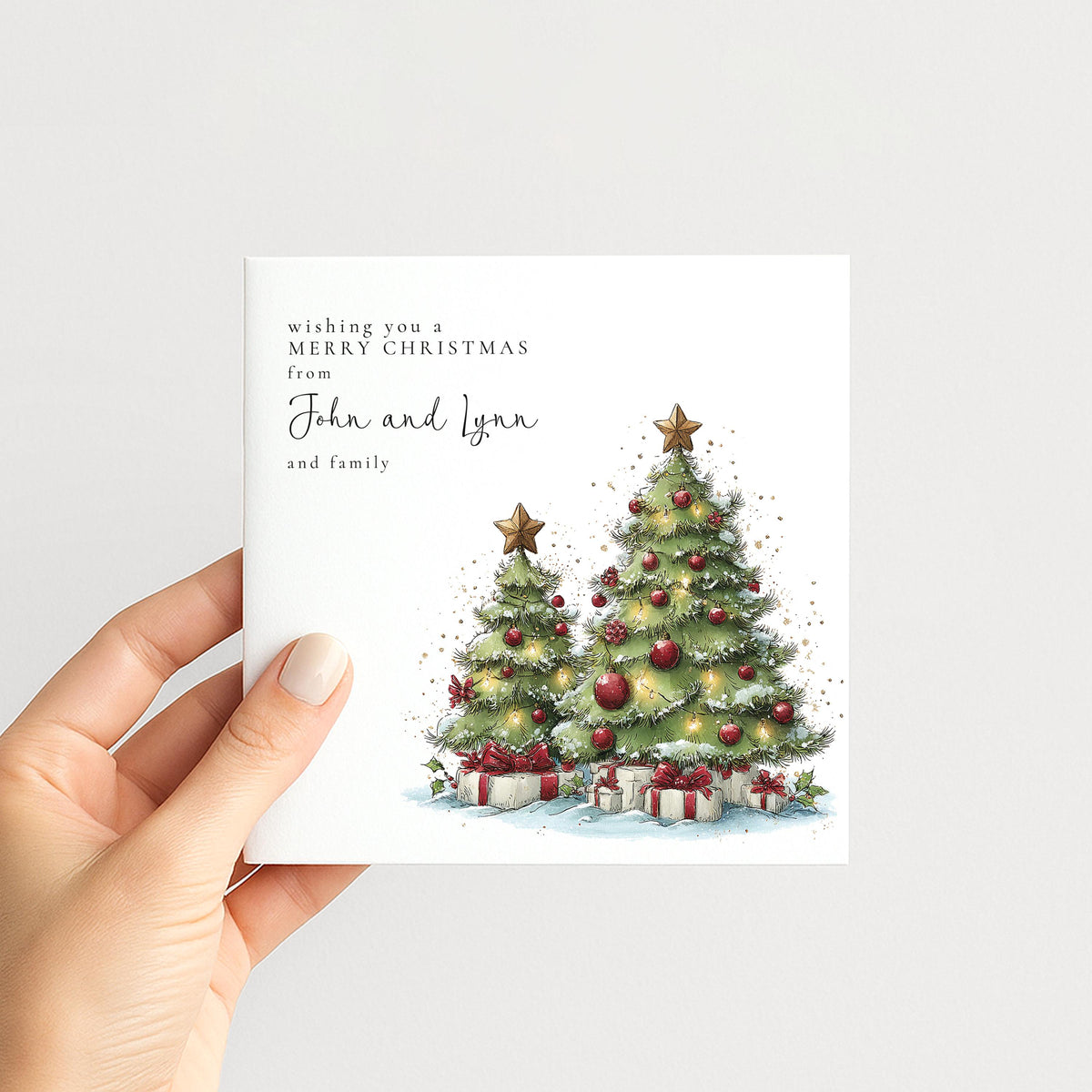 Personalised Christmas Card Multipack, Two Christmas Trees Design, Pack of 5 10 15 20 25 30 Cards, Custom Names