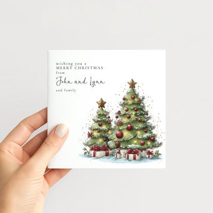 Personalised Christmas Card Multipack, Two Christmas Trees Design, Pack of 5 10 15 20 25 30 Cards, Custom Names