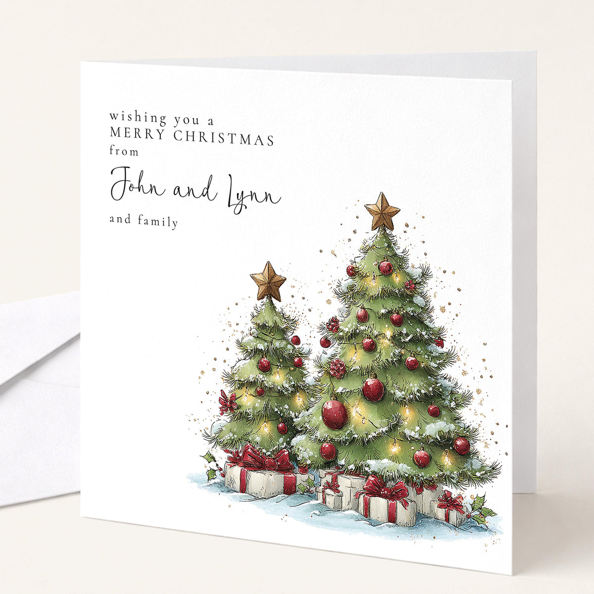 Personalised Christmas Card Multipack, Two Christmas Trees Design, Pack of 5 10 15 20 25 30 Cards, Custom Names