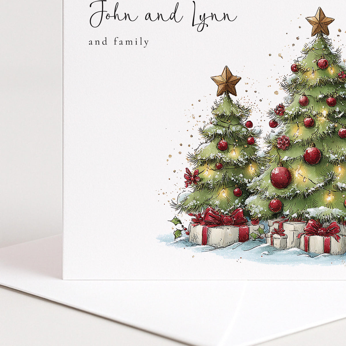 Personalised Christmas Card Multipack, Two Christmas Trees Design, Pack of 5 10 15 20 25 30 Cards, Custom Names