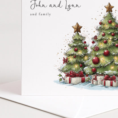 Personalised Christmas Card Multipack, Two Christmas Trees Design, Pack of 5 10 15 20 25 30 Cards, Custom Names