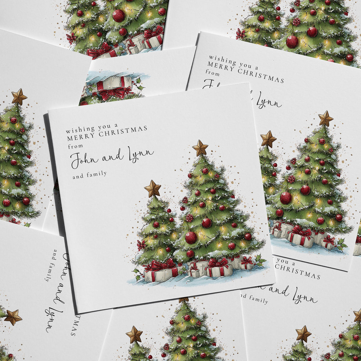 Personalised Christmas Card Multipack, Two Christmas Trees Design, Pack of 5 10 15 20 25 30 Cards, Custom Names