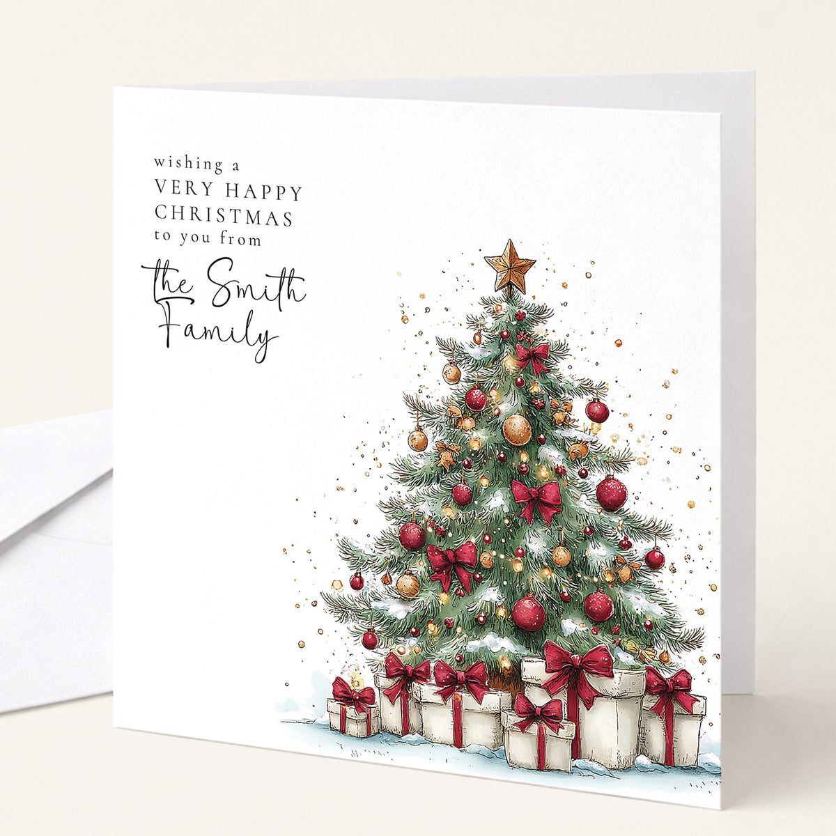 Personalised Family Christmas Card Multipack, Very Happy Christmas Tree Design, Pack of 5 10 15 20 25 30 Cards, Custom Family Name