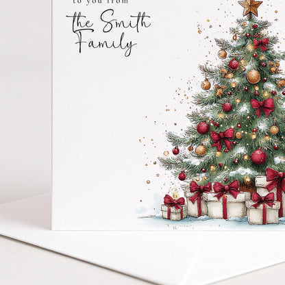 Personalised Family Christmas Card Multipack, Very Happy Christmas Tree Design, Pack of 5 10 15 20 25 30 Cards, Custom Family Name