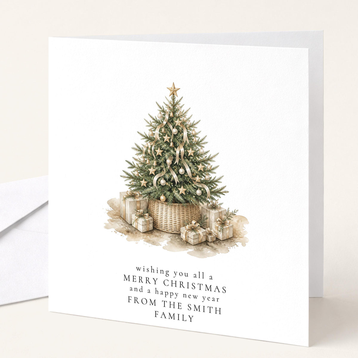 Personalised Family Christmas Card Multipack, Tree In Basket Design, Pack of 5 10 15 20 25 30 Cards, Custom Family Name