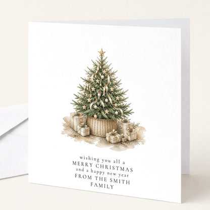Personalised Family Christmas Card Multipack, Tree In Basket Design, Pack of 5 10 15 20 25 30 Cards, Custom Family Name