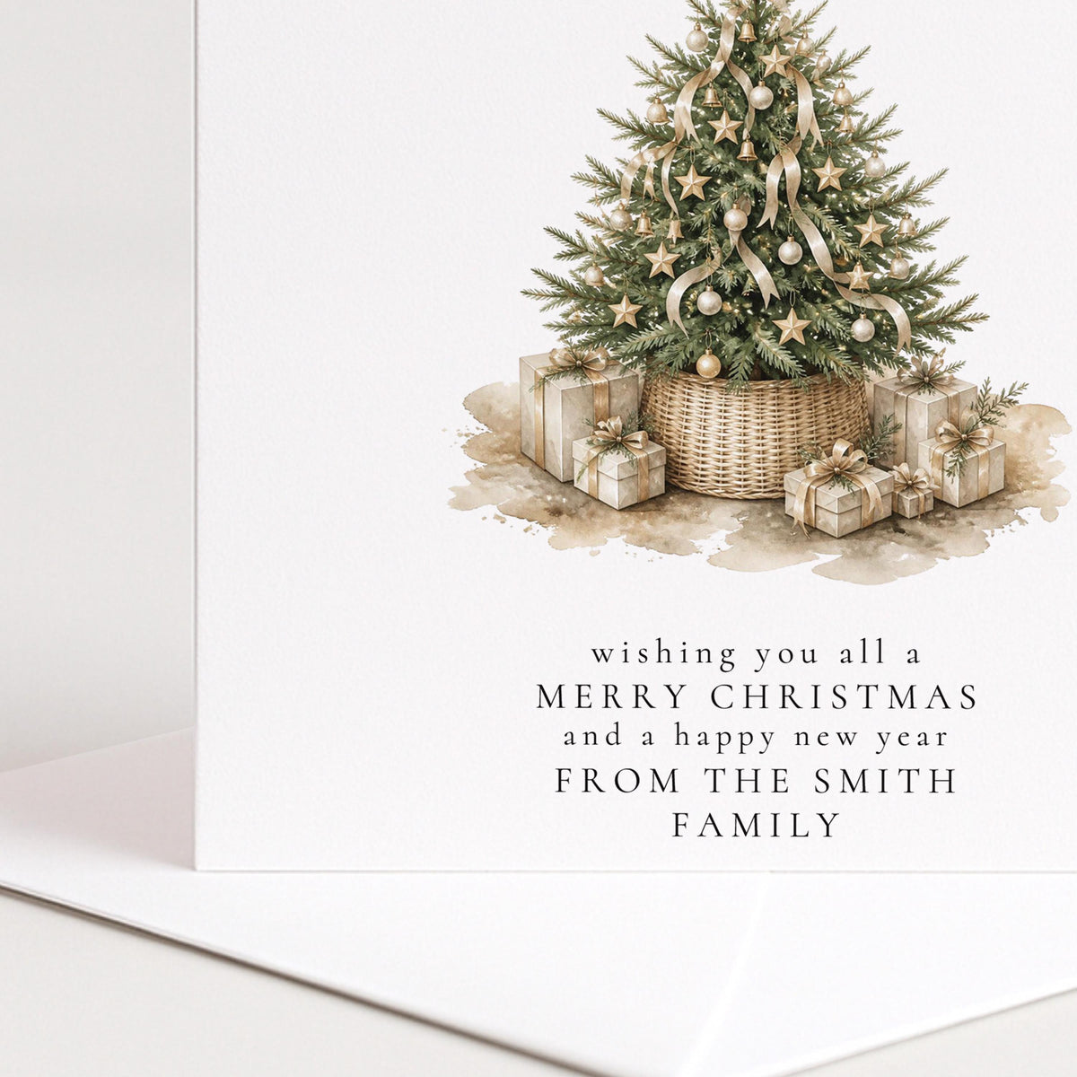 Personalised Family Christmas Card Multipack, Tree In Basket Design, Pack of 5 10 15 20 25 30 Cards, Custom Family Name