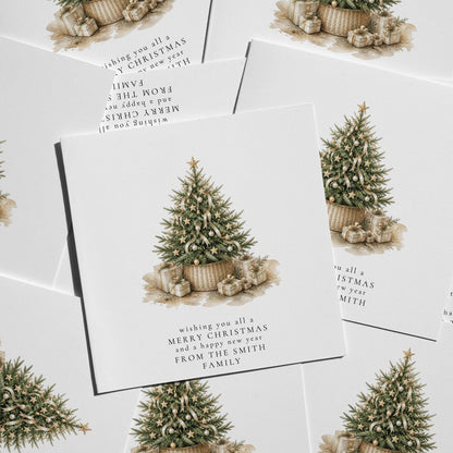 Personalised Family Christmas Card Multipack, Tree In Basket Design, Pack of 5 10 15 20 25 30 Cards, Custom Family Name