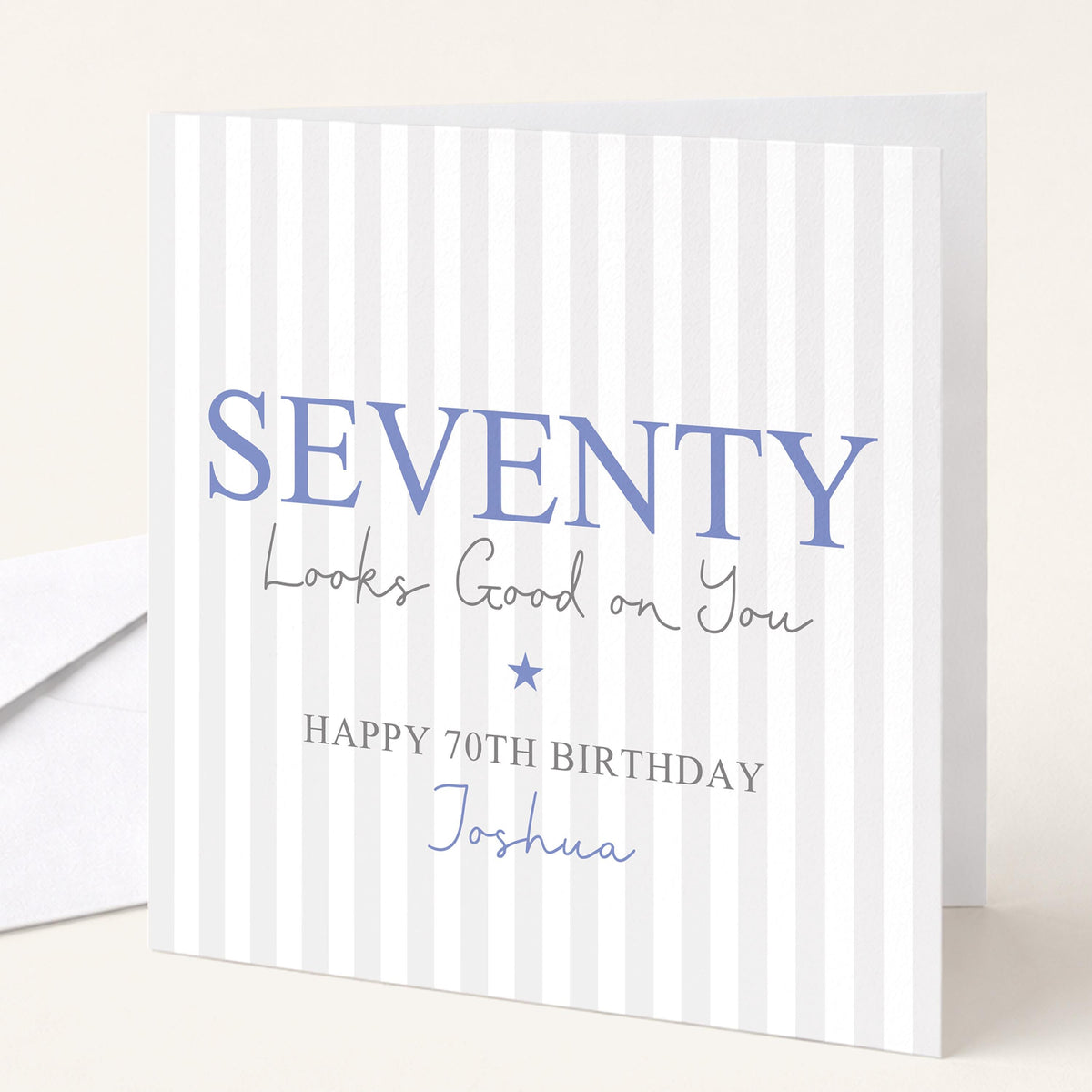 Personalised 70th Birthday Card For Him, Fifty Looks Good On You, Fabulous Seventy Custom Name Blue Birthday Card