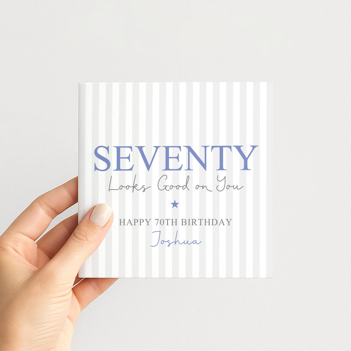Personalised 70th Birthday Card For Him, Fifty Looks Good On You, Fabulous Seventy Custom Name Blue Birthday Card