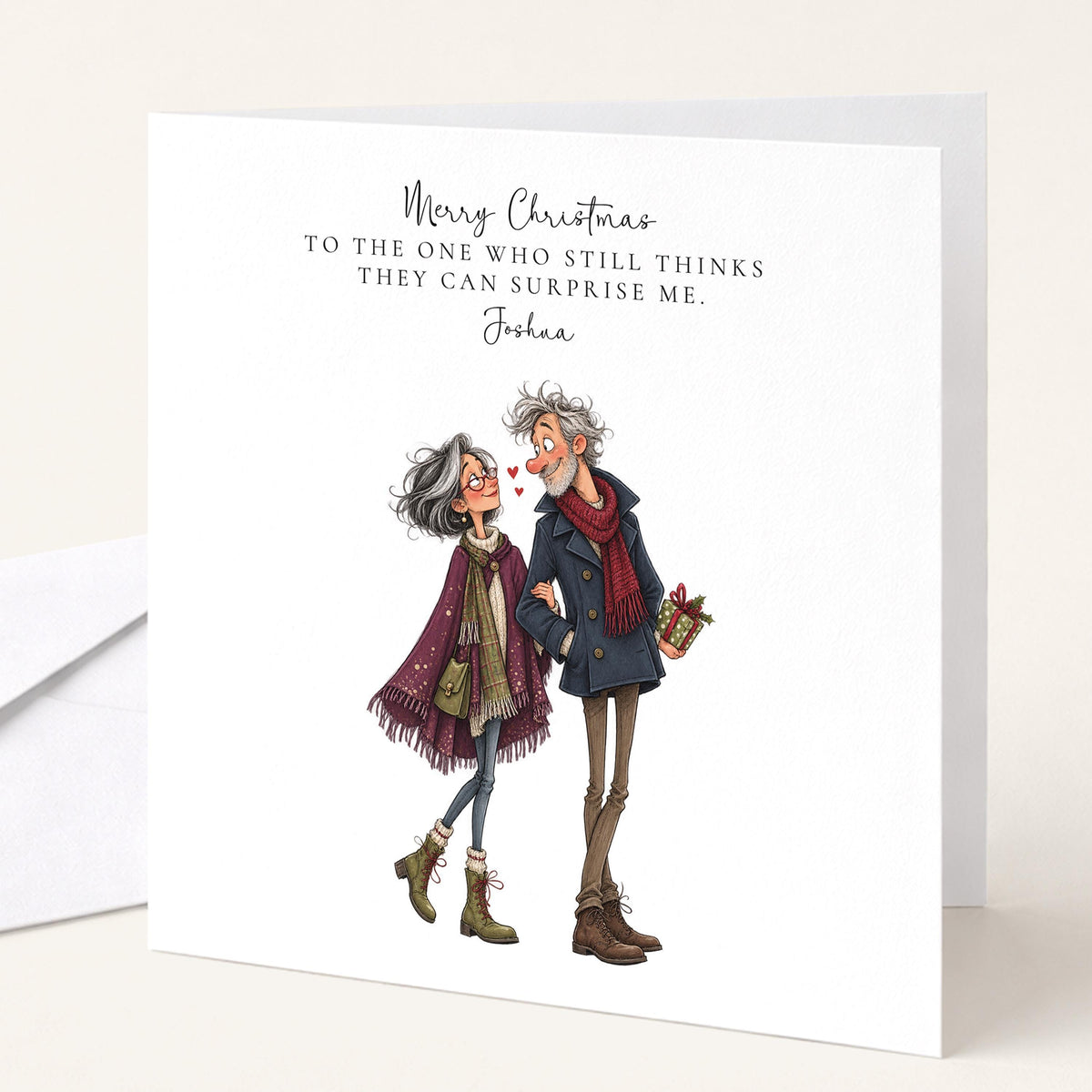 Personalised Husband Christmas Card, Still Thinks He Can Surprise Me, Funny Custom Name Card