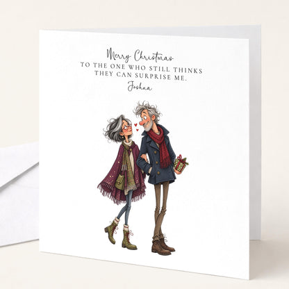 Personalised Husband Christmas Card, Still Thinks He Can Surprise Me, Funny Custom Name Card