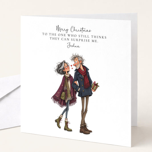 Personalised Husband Christmas Card, Still Thinks He Can Surprise Me, Funny Custom Name Card