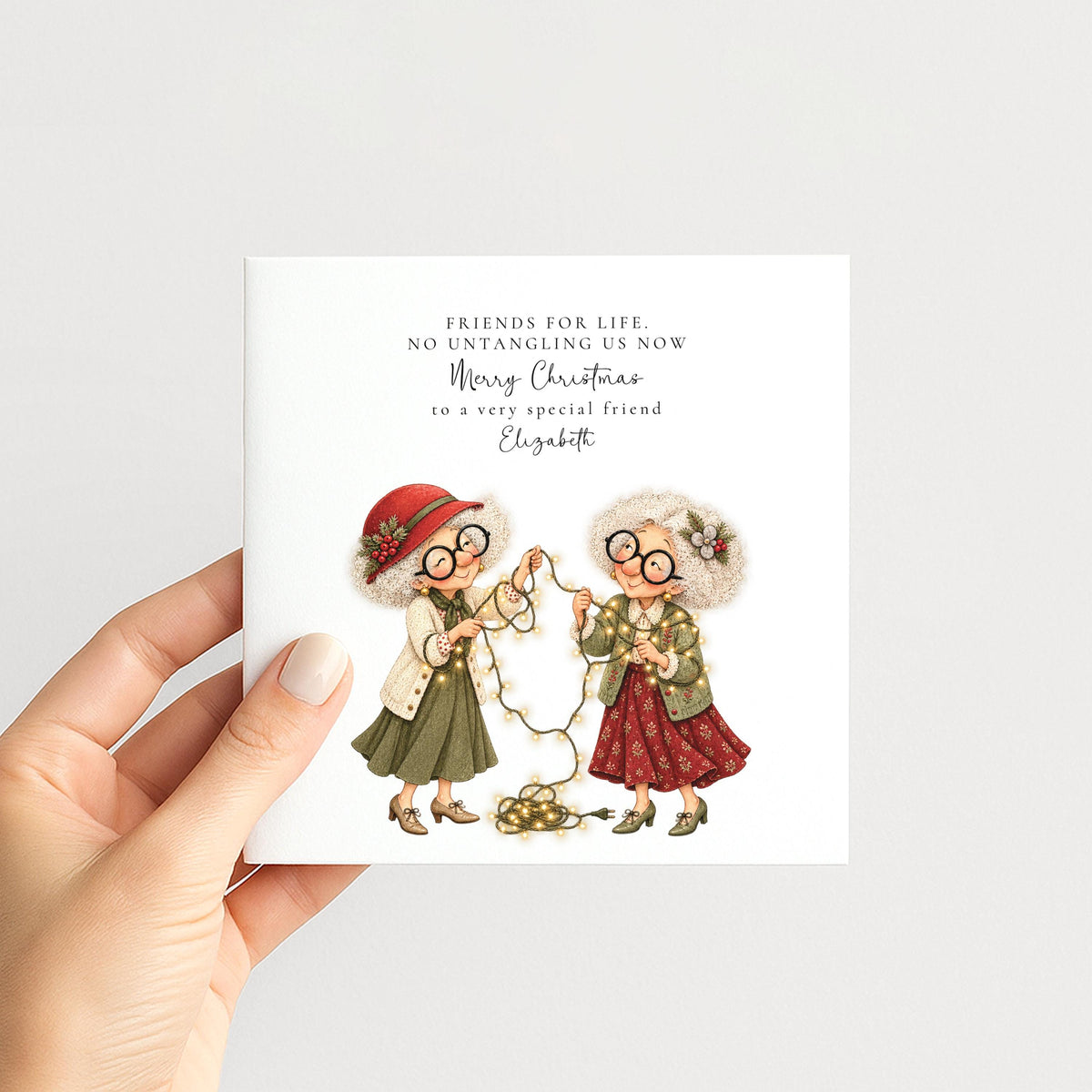 Personalised Best Friend Christmas Card, No Untangling Us Now Fairy Lights Card, Custom Name Card