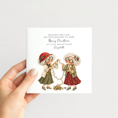 Personalised Best Friend Christmas Card, No Untangling Us Now Fairy Lights Card, Custom Name Card