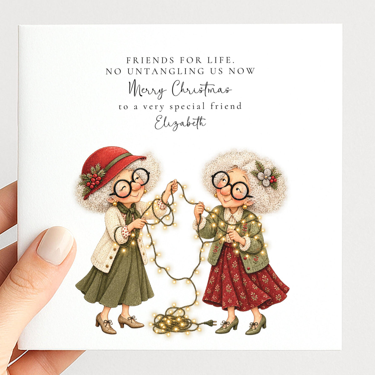 Personalised Best Friend Christmas Card, No Untangling Us Now Fairy Lights Card, Custom Name Card