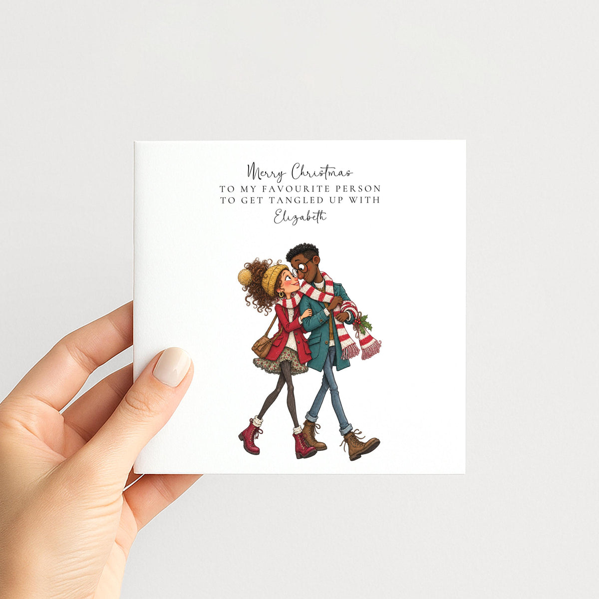 Personalised Partner Christmas Card, Tangled Up With You, Black Couple Custom Name Card
