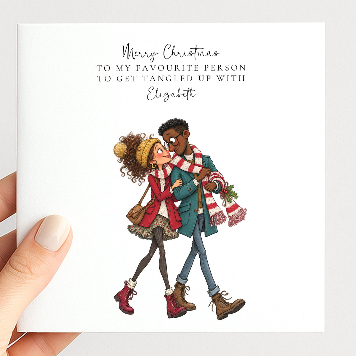 Personalised Partner Christmas Card, Tangled Up With You, Black Couple Custom Name Card