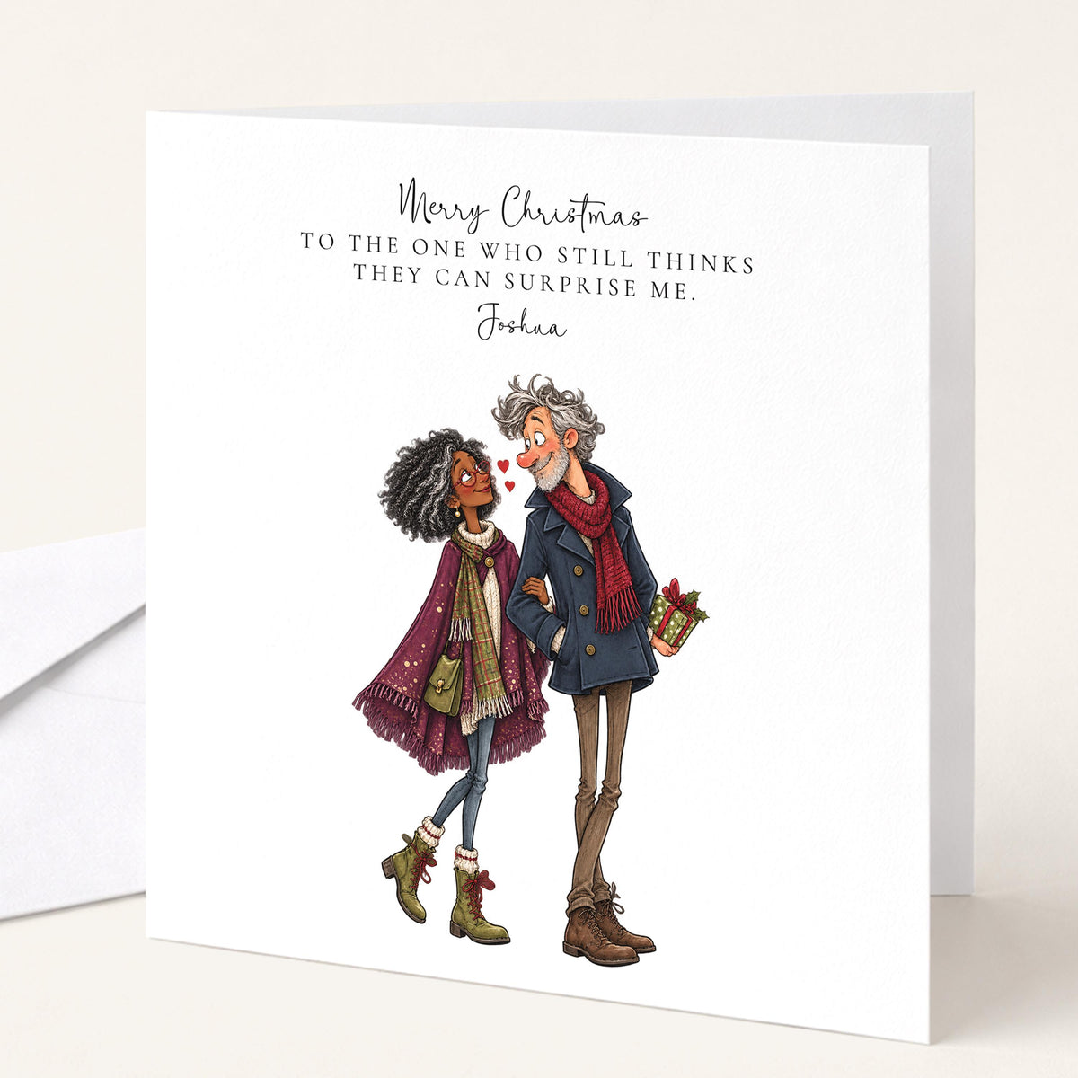 Personalised Husband Christmas Card, Still Thinks He Can Surprise Me, Black Couple Custom Name