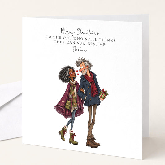 Personalised Husband Christmas Card, Still Thinks He Can Surprise Me, Black Couple Custom Name