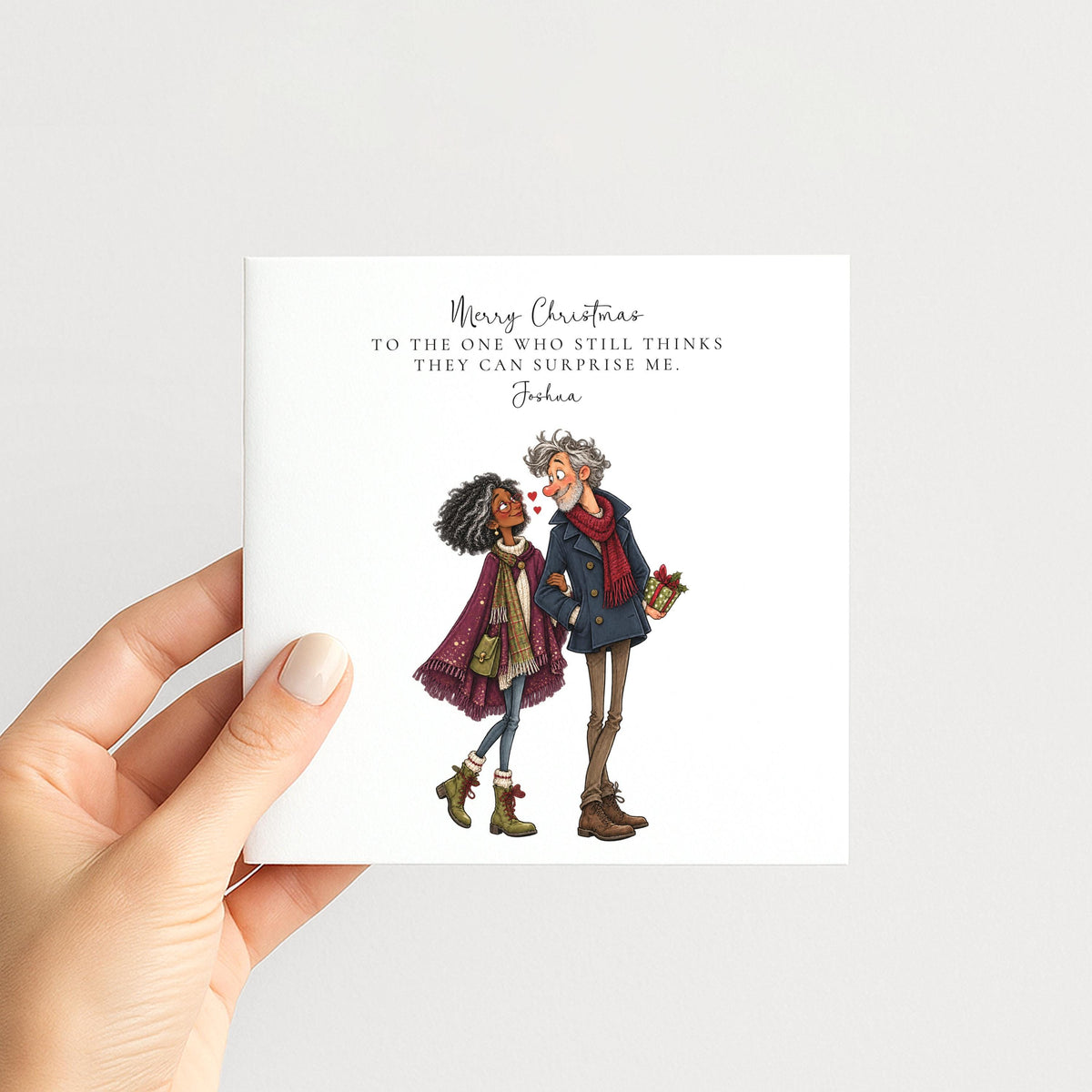Personalised Husband Christmas Card, Still Thinks He Can Surprise Me, Black Couple Custom Name