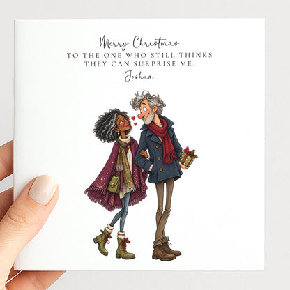Personalised Husband Christmas Card, Still Thinks He Can Surprise Me, Black Couple Custom Name