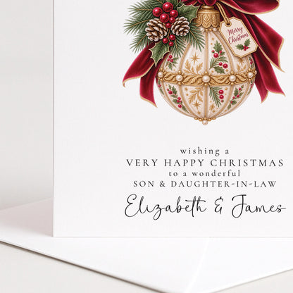 Personalised Son & Daughter-in-Law Christmas Card, Very Happy Christmas Card, Custom Names Bauble Christmas Card