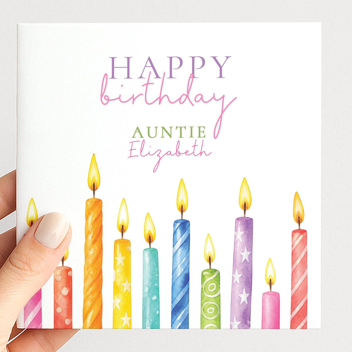 Auntie Birthday Card, Happy Birthday Family Card with Candles, Personalised Birthday Card for Her