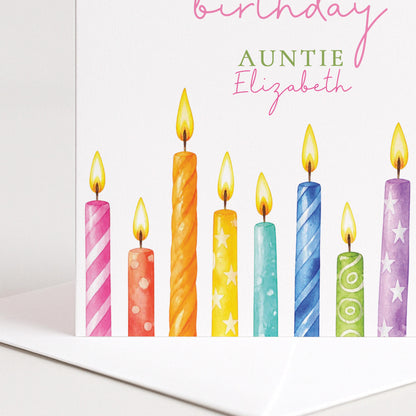 Auntie Birthday Card, Happy Birthday Family Card with Candles, Personalised Birthday Card for Her