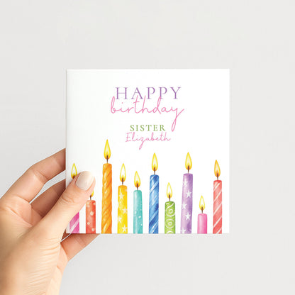 Sister Birthday Card, Happy Birthday Family Card with Candles, Personalised Birthday Card for Her