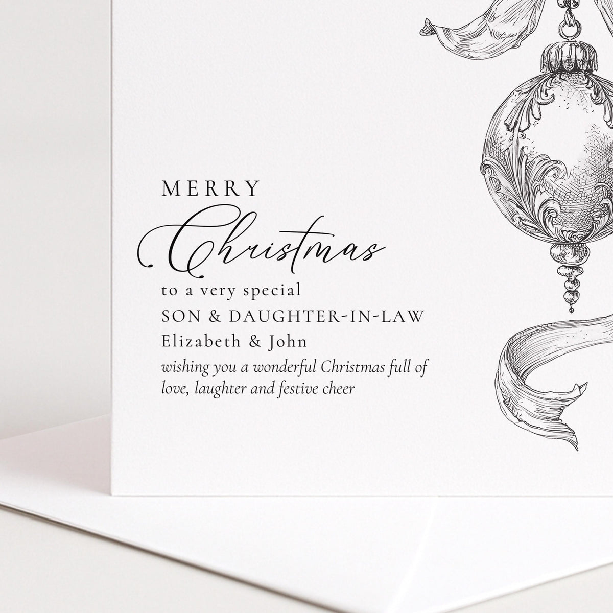 Personalised Son & Daughter-in-Law Christmas Card, Elegant Bauble Sketch Design, Custom Names Card