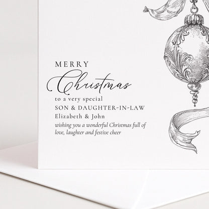Personalised Son & Daughter-in-Law Christmas Card, Elegant Bauble Sketch Design, Custom Names Card